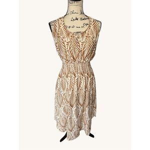HYFVE Brown Cream Palm Leaf Smocked Waist Pocket Midi Dress Size M